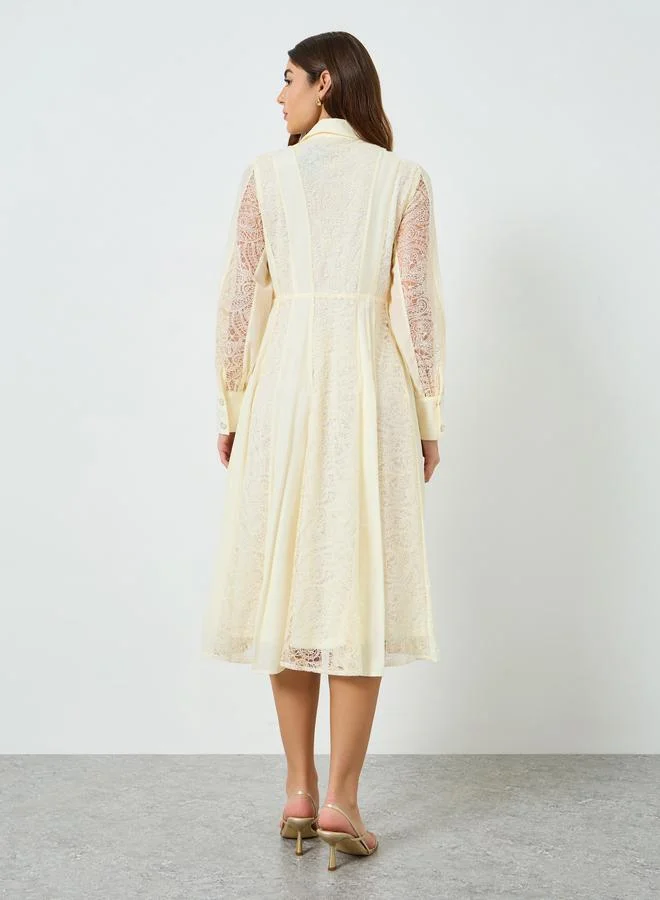 Styli Women Cream Lace Shirt Midi Dress